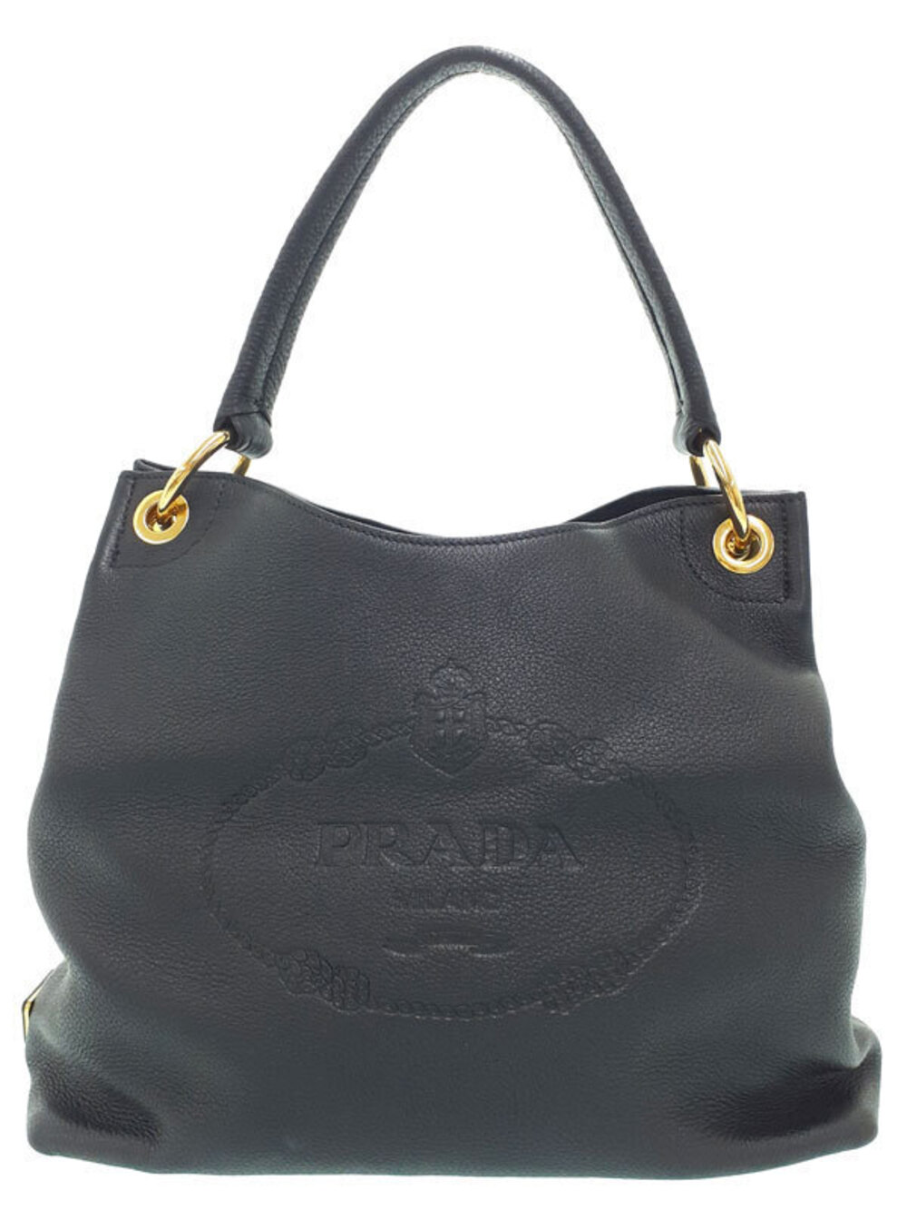 Prada black textured leather hobo shoulder bag embossed logo